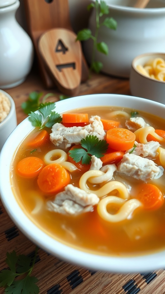 A bowl of chicken noodle soup with chicken, carrots, and noodles, garnished with parsley, on a wooden table.